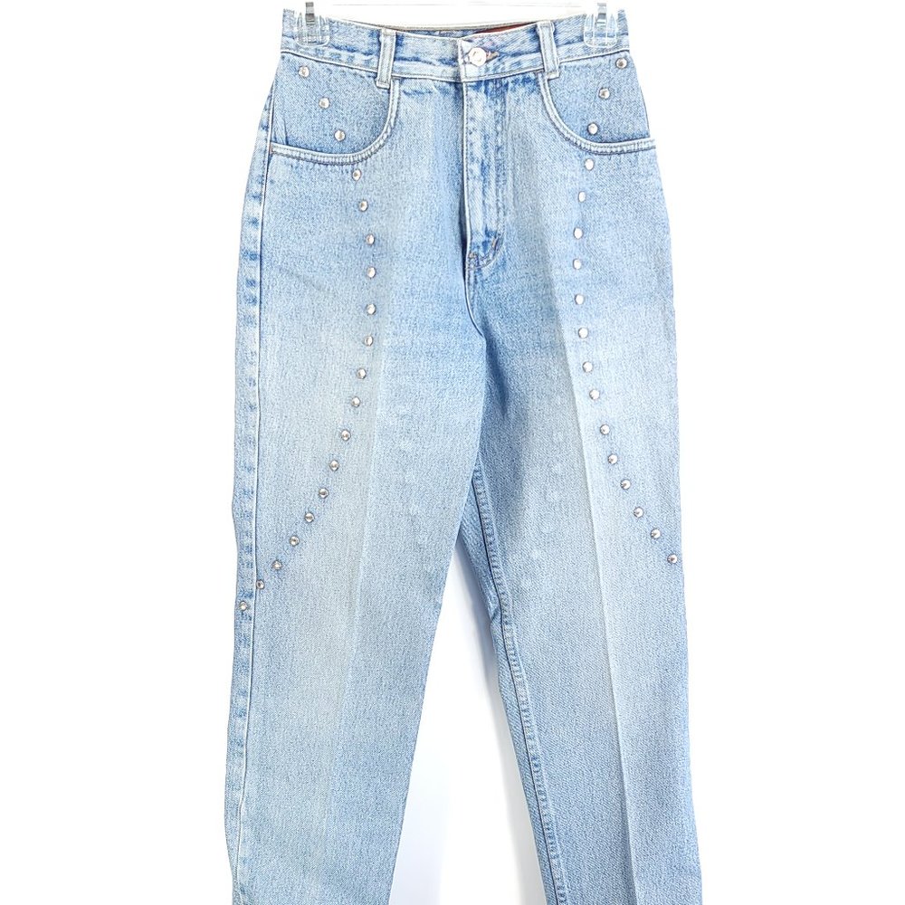 Vtg Lawman Western Jeans Junior's 7 Blue Denim Faded Distressed Embellished